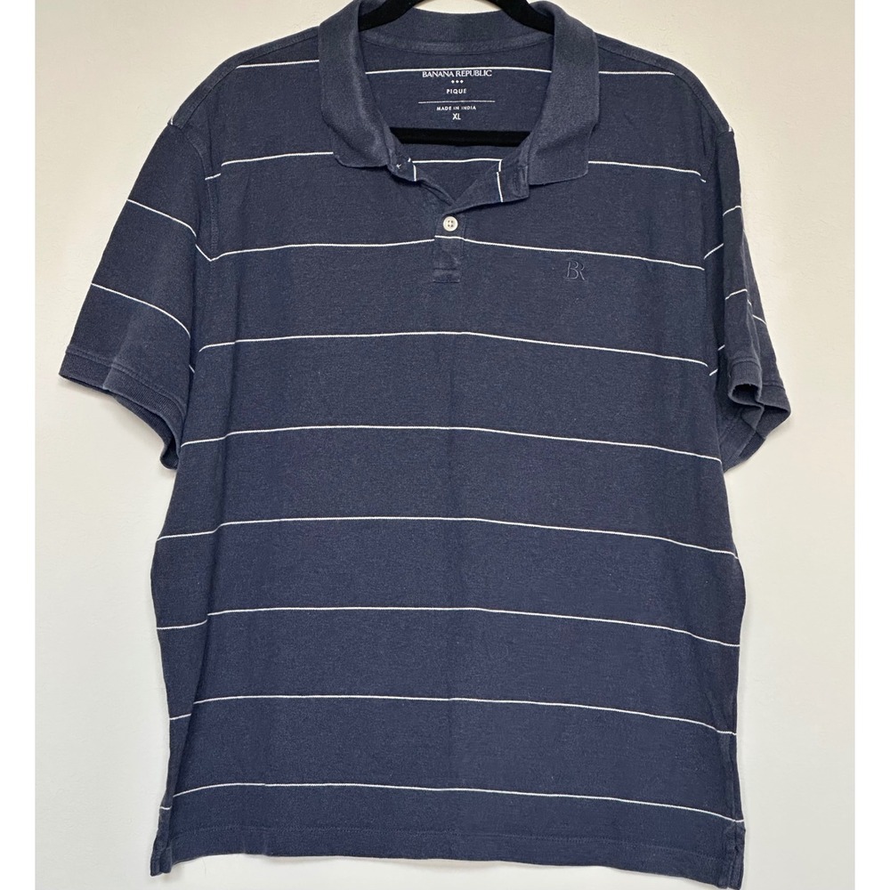 Banana Republic Mens XL Pique Polo Shirt Navy Blue White Striped Short Sleeve